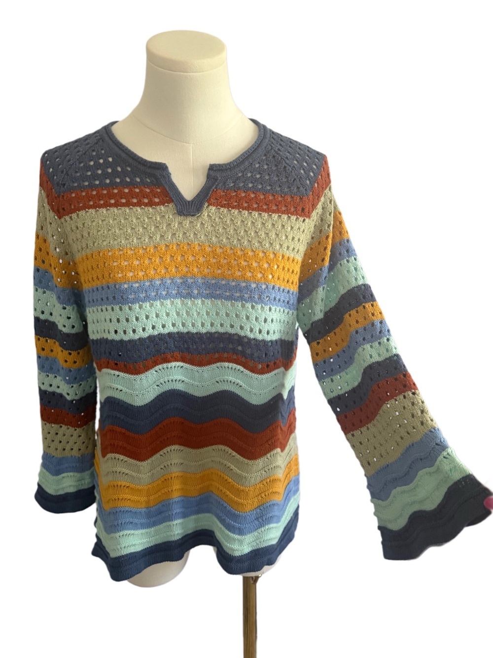 LOGO Boho Coastal Flare Sleeve Top Size XS Beach Fisherman Cotton Stripe Retro